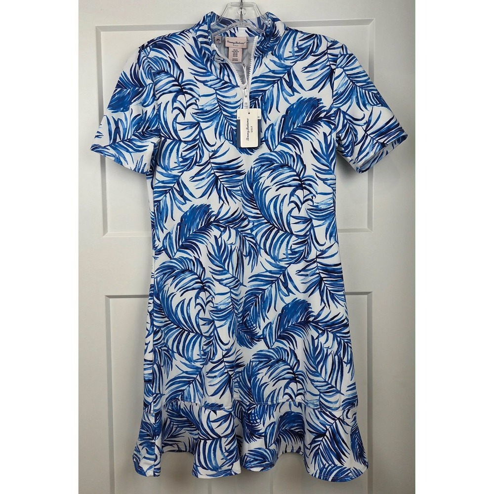 Tommy Bahama Golf Women XS Blue White Palms Print Short Sleeve Quarter Zip Dress